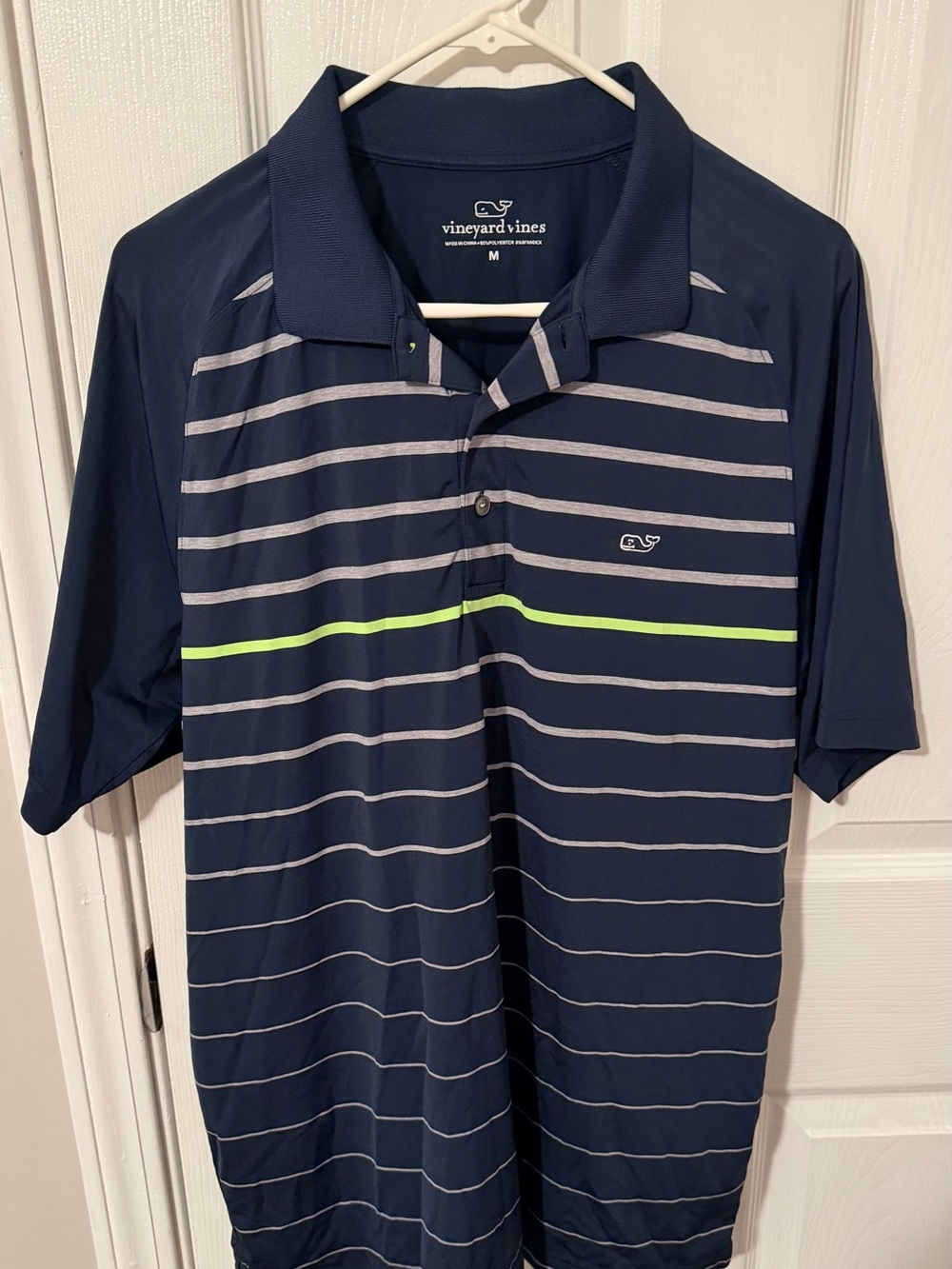 Vineyard Vines Navy Polo with Gray Stripes and Neon Green Accent